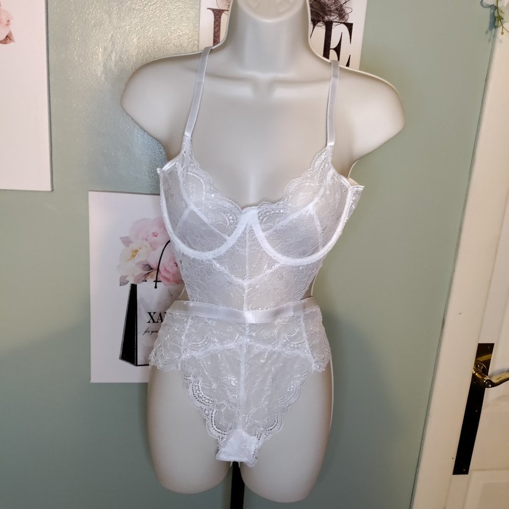 Lace Lingerie Teddy Snap Crotch V Neck Cut Out Underwire One Piece - Picture 3 of 6